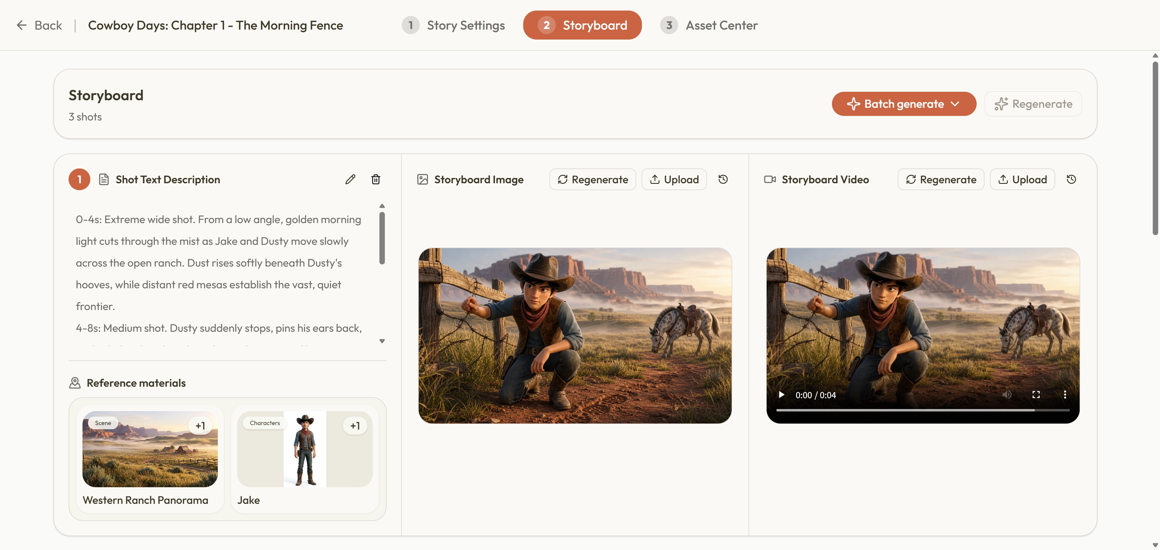 Create Your Anime workspace showing editable anime storyboard shots and generation controls